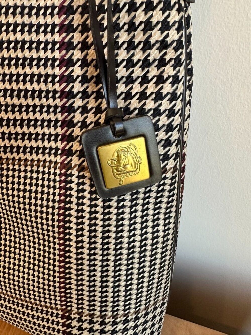 Lauren Ralph Lauren Houndstooth Plaid Shoulder Bag Tan Brown Leather - Picture 3 of 6